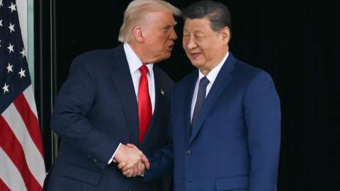 President Donald Trump and Chinese leader Xi Jinping shake hands after their talks at Gimhae Air Base in Busan, South Korea, on October 30, 2025. (Getty Images)