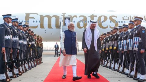 Indian Prime Minister Narendra Modi welcomes United Arab Emirates President Mohammed bin Zayed Al Nahyan in New Delhi, India, on on January 19, 2026. (Getty Images)
