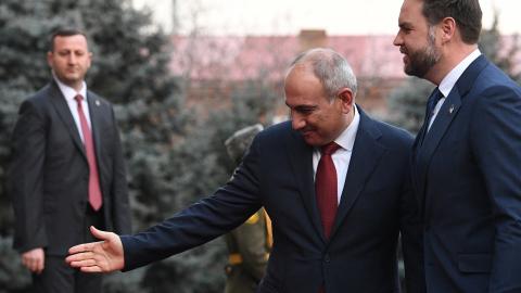 Armenian Prime Minister Nikol Pashinyan welcomes US Vice President JD Vance prior to their meeting in Yerevan on February 9, 2026. (Getty Images)