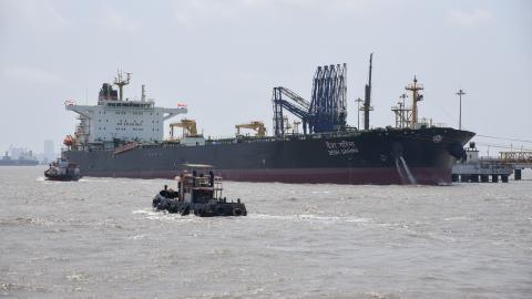 Caption The Indian Oil Tanker Desh Garima is seen at the port in Mumbai, India, on April 30, 2026, after clearing the Strait of Hormuz. (Getty Images) Share to Twitter