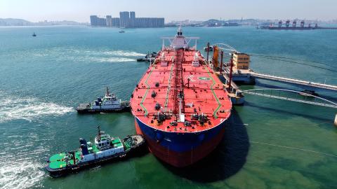 A tanker carrying imported crude oil docks at the Qingdao Port Tanker Terminal in Qingdao, China, on May 9, 2026. (Getty Images)