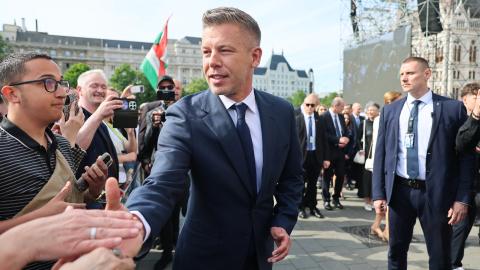 Incoming Prime Minister Peter Magyar greets supporters outside of Hungarian Parliament on May 9, 2026, in Budapest, Hungary. (Getty Images)