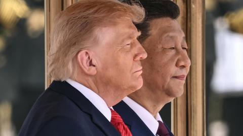 President Donald Trump and Chinese President Xi Jinping stand during a welcome ceremony at the Great Hall of the People in Beijing on May 14, 2026. (Getty Images)
