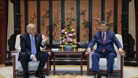 President Donald Trump and Chinese President Xi Jinping meet on the sidelines of a visit to Zhongnanhai Garden on May 15, 2026 in Beijing, China. Trump and other U.S. officials are finishing up a visit intended to address the Iran conflict, trade imbalances, and the Taiwan situation while establishing new bilateral boards for economic and AI oversight. (Photo by Evan Vucci-Pool/Getty Images)