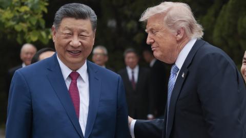 President Donald Trump speaks with Chinese President Xi Jinping on May 15, 2026, in Beijing, China. (Getty Images)