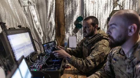 Ukrainian soldiers operate a Bliskavka attack drone to strike Russian positions in the direction of Kostiantynivka, Ukraine, on May 15, 2026. (Getty Images)