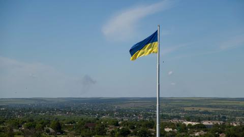 A large Ukrainian flag waves in the wind on May 25, 2026, in Kramatorsk, Ukraine. (Getty Images)