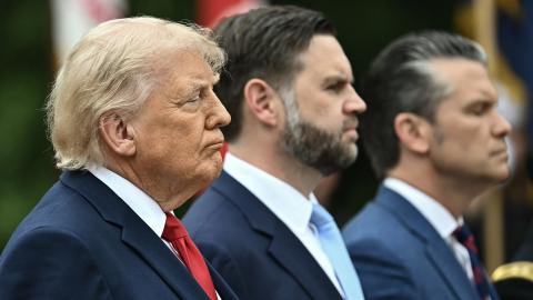 President Donald Trump, Vice President JD Vance, and Defense Secretary Pete Hegseth during a ceremony at Arlington National Cemetery in Arlington, Virginia, on May 25, 2026. (Getty Images) Share to Twitter
