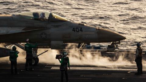 An F/A-18E Super Hornet prepares to launch from the flight deck of the USS Abraham Lincoln during Operation Epic Fury on March 29, 2026. (US Navy)
