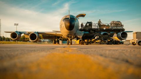 A team of Air Transportation Specialists assigned to the 101st Air Refueling Wing in Bangor, Maine, unloads cargo from a KC-135 Stratotanker, June 3, 2026. The team, reinforced by augmentees from multiple units, have efficiently processed critical MICAPs, morale pallets, and essential supplies bound for U.S. Central Command.