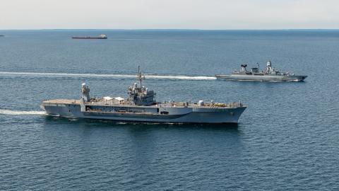 The Blue-Ridge class command and control ship USS Mount Whitney (LCC 20) and German Navy Sachsen-class frigate FGS Hamburg (F 220) sail together in the Baltic Sea, June 22, 2026. Mount Whitney is on a scheduled deployment in the U.S. 6th Fleet area of operations to support the warfighting effectiveness, lethality and readiness of U.S. Naval Forces Europe-Africa, and defend U.S., Allied and partner interests in the region. (U.S. Navy photo by Chief Mass Communication Specialist Chad M. Butler) 