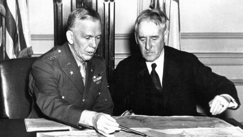 General George Marshall (L) and Secretary of Henry Stimson (R) sometime during 1942-1942, US DOE Manhattan Proj. History Page