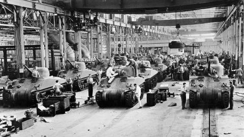 Assembly lines of M-4 Sherman tanks are seen near Detroit, Michigan, in a facility run by Chrysler in 1944. (Getty Images)