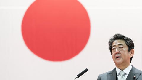 Japan's Prime Minister Shinzo Abe speaks during the graduation ceremony of the National Defense Academy on March 22, 2020 in Yokosuka, Japan. 508 students graduated the military academy which educates and trains future leaders of Japan's Self-Defense Forces today. The ceremony was held behind closed doors amid concern over the spread of Coronavirus (COVID-19). (Photo by Tomohiro Ohsumi/Getty Images)