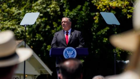 Secretary of State Michael R. Pompeo speaks at the Richard Nixon Presidential Library on July 23, 2020, in Yorba Linda, California. (Getty Images)