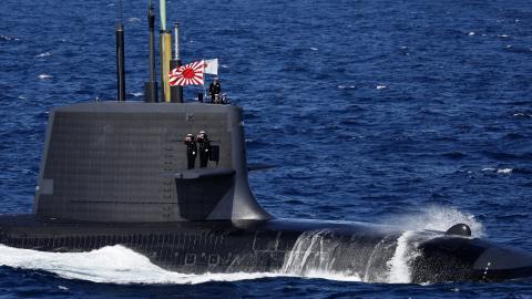 The Japan Maritime Self-Defence Force Uzushio-class submarine participates in an International Fleet Review commemorating the 70th anniversary of the founding of the Japan Maritime Self-Defence Force at Sagami Bay on November 6, 2022 off Yokosuka, Japan. (Getty Images)