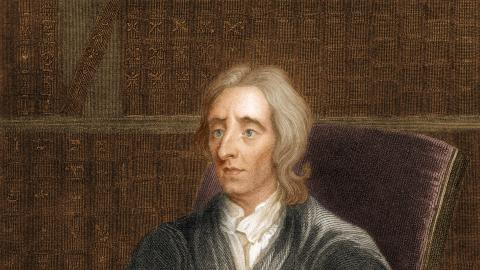 Colorized portrait (after an 1832 stipple engraving by H. Robinson, based on a 1704 painting by Godfrey Kneller) of English philosopher John Locke as he sits in a chair. (Getty Images)