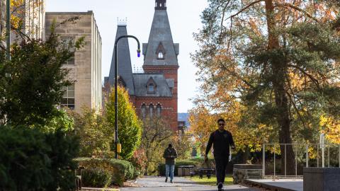 People walk through the Cornell University campus on November 3, 2023, in Ithaca, New York, after the university canceled classes due to a student being accused of making violent antisemitic threats. (Getty Images)