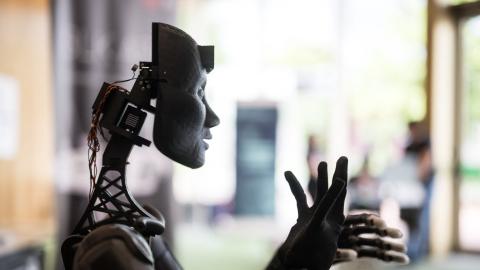 A robot using artificial intelligence is displayed at a stand during the International Telecommunication Union AI for Good Global Summit in Geneva, Switzerland, on May 30, 2024. (Getty Images)