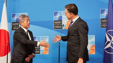 Minister of Foreign Affairs of Japan Takeshi Iwaya meets NATO Secretary General Mark Rutte at the NATO summit on June 24, 2025, in The Hague, Netherlands. (Getty Images) Share to Twitter