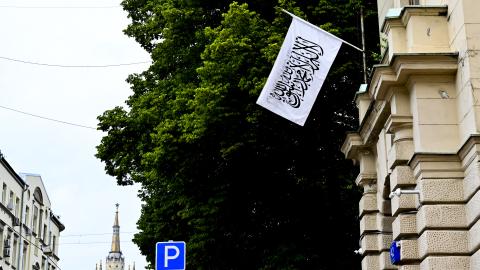 The flag used by the Taliban's interim government is seen over Afghanistan’s embassy in Moscow on July 4, 2025, after Russia officially recognized the Taliban government in Afghanistan . (Getty Images)