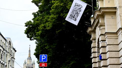 The flag used by the Taliban's interim government is seen over Afghanistan’s embassy in Moscow on July 4, 2025, after Russia officially recognized the Taliban government in Afghanistan . (Getty Images)