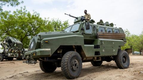 Nigerian soldiers from the Multinational Joint Task Force drive an armoured truck at the MNJTF military base in Monguno, Borno state, Nigeria, on July 5, 2025. (Getty Images)