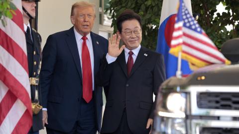 US President Donald Trump greets South Korean President Lee Jae Myung at the White House on August 25, 2025, in Washington, DC. (Getty Images)