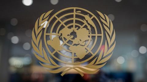 The logo of the United Nations at the General Debate of the UN General Assembly in New York. (Getty Images)