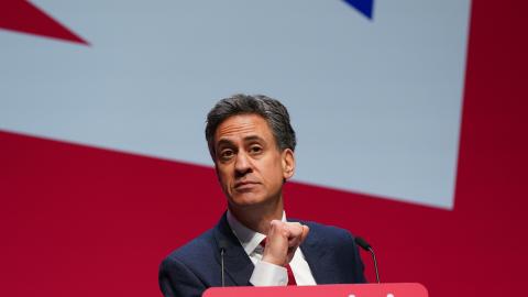 Secretary of State for Energy Security Ed Miliband addresses delegates on the last day of the Labour Conference on October 1, 2025, in Liverpool, England. (Getty Images) Share to Twitter