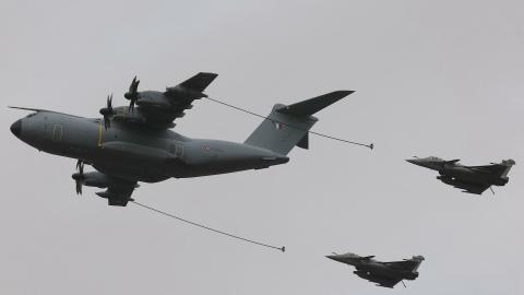 Two Dassault Rafale jet fighters refuel from an Airbus A400M during a French Air and Space Force military exercise at Orléans–Bricy Air Base in Boulay-les-Barres, France, on November 14, 2025. (Getty Images)