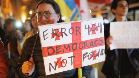 Citizens take part in a weekly Saturday march titled “Defend Education,” walking from the Philharmonic Hall to the Parliament in Tbilisi, Georgia, on February 21, 2026. (Getty Images)