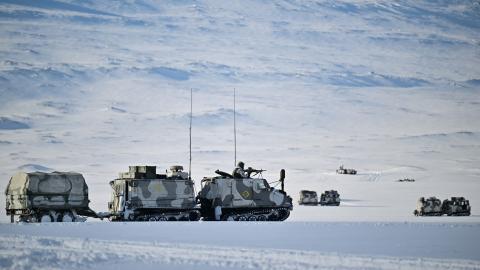 Several Bv206 Hägglunds stand in the snow during the military exercise "Cold Response 26". (Getty Images)