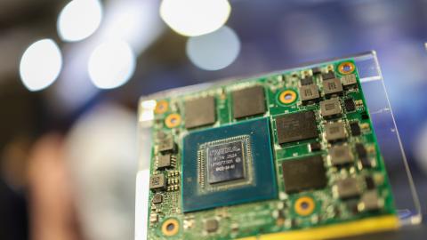 A processor embedded with a NVIDA chip is seen during the artificial intelligence exhibition AI EXPO 2026 in Taipei, Taiwan, on March 25, 2026. (Getty Images)