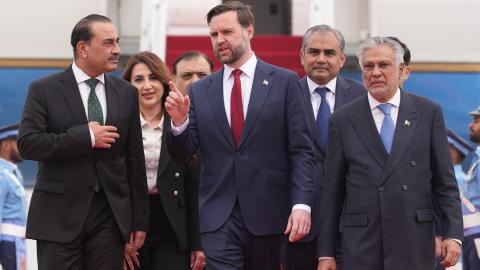 US Vice President JD Vance walks with Pakistan’s Chief of Defence Forces and Chief of Army Staff Field Marshall Asim Munir and Pakistani Deputy Prime Minister and Foreign Minister Mohammad Ishaq Dar after arriving in Islamabad, Pakistan, on April 11, 2026. (Getty Images)