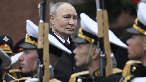 Russian President Vladimir Putin attends a ceremony to lay flowers at the Tomb of the Unknown Soldier by the Kremlin wall in Moscow on May 9, 2026. (Getty Images)