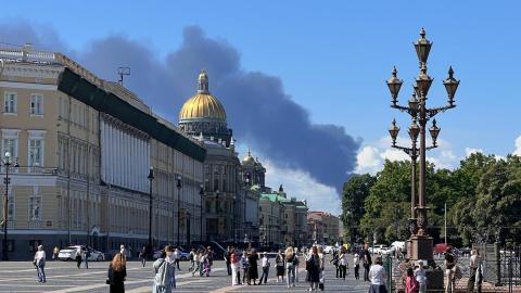 lack smoke rises after Ukraine reportedly launched unmanned aerial vehicle (UAV) attacks on the opening day of the St. Petersburg International Economic Forum, one of Russia's most prominent organizations, in St. Petersburg, Russia, on June 03, 2026. (Photo by Ali Cura/Anadolu via Getty Images)