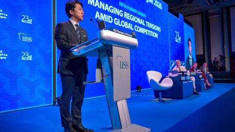 Japanese Defence Minister Koizumi Shinjiro speaks during the 23rd IISS Shangri-La Dialogue at the Shangri-La Hotel on May 31, 2026, in Singapore. (Getty Images)