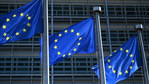 Flags with the logo of the European Union wave in the wind in front of the European Commission building, on May 22, 2026. (Getty Images)