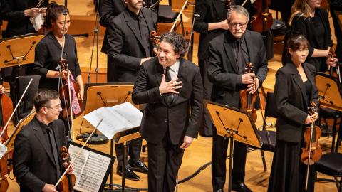 Gustavo Dudamel enters the stage to a standing ovation as he conducts his final concert in Disney Hall as LA Phil music director on Sunday, June 7, 2026, in Los Angeles, CA. (Getty Images)