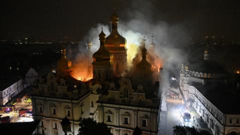 Smoke and fire rise from the Dormition Cathedral following a Russian missile strike on Kyiv on June 15, 2026. ( Getty Images)