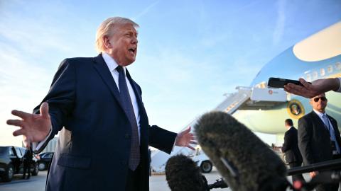 President Donald Trump addresses the media on the tarmac after arriving at Paris Orly Airport on June 17, 2026. (Getty Images)