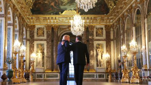 Caption President Donald Trump receives a tour of Chateau de Versailles from President of France Emmanuel Macron on June 17, 2026, in Versailles, France. (Getty Images)