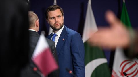 Vice President JD Vance looks on prior to a quadrilateral meeting between the United States, Iran, Pakistan, and Qatar in Lake Lucerne, Switzerland, on June 21, 2026 (Getty Images) Share to Twitter