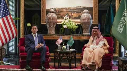 Caption US Secretary of State Marco Rubio meets Saudi Foreign Minister Faisal bin Farhan al-Saud to discuss the interim deal between the US and Iran with Arab Gulf allies in Manama, Saudi Arabia, on June 25, 2026. (Getty Images)