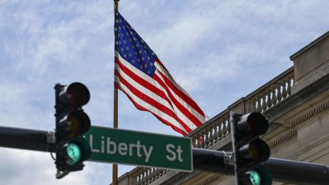 The flag of the United States of America flies over Liberty Street in downtown Winston-Salem, North Carolina, on June 16, 2026. (Getty Images)