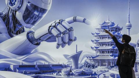 A visitor poses in front of a billboard showing a humanoid robot in the AI section at the Chinese International Supply Chain Expo on June 26, 2026, in Beijing, China. (Getty Images)