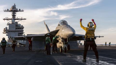 An F/A-18F Super Hornet is seen on October 13, 2025, on the USS Gerald R. Ford. (US Navy)