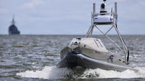 Global Autonomous Reconnaissance Crafts (GARC) deploy in formation with the Brazilian Amazonas-class offshore patrol vessel Araguari (P122) during a live robotic and autonomous systems (RAS) demonstration with Commander, Task Force (CTF) 66 during Exercise Obangame Express 2026 in Douala, Cameroon, April 25, 2026. Obangame Express is one of three regional maritime exercises led by U.S. Sixth Fleet as part of a comprehensive strategy to provide collaborative opportunities to African forces and international 