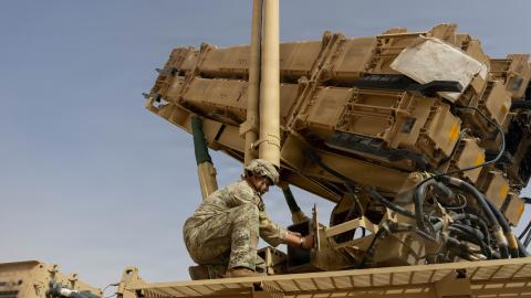 A U.S. Army air defense artilleryman conducts maintenance on an MIM-104 Patriot missile system in the Middle East. The Patriot is the Army’s primary terminal-phase anti-ballistic missile system. (U.S. Army photo)